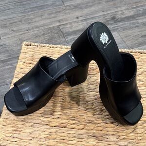 Yellow Box Black Leather Mules